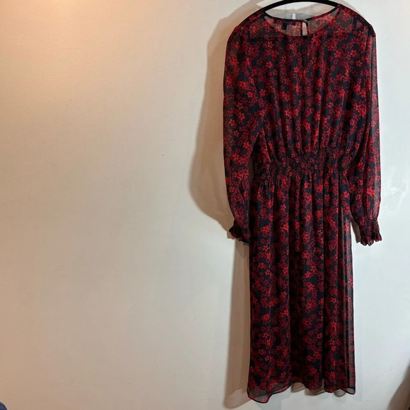 TOMMY HILFIGER Sz L Sheer Shell Puffy Sleeves Elastic Waist Midi Dress Shell - Picture 7 of 10